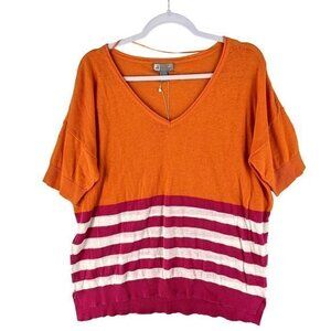 JCP Womens Sweater Size L Linen Blend Striped V-Neck‎